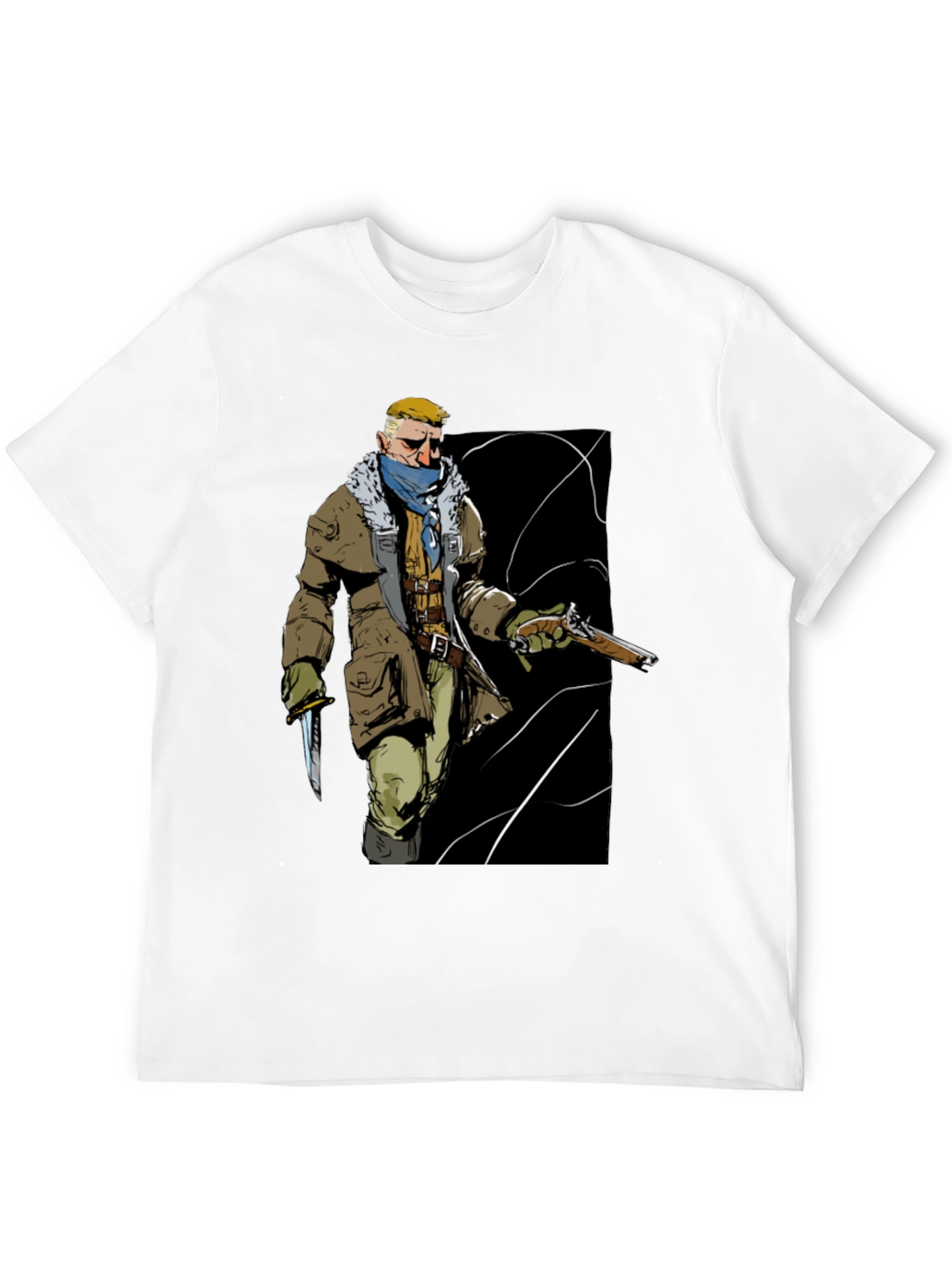 Graphic Tee: Adventurer with Gun & Knife Black T-Shirt