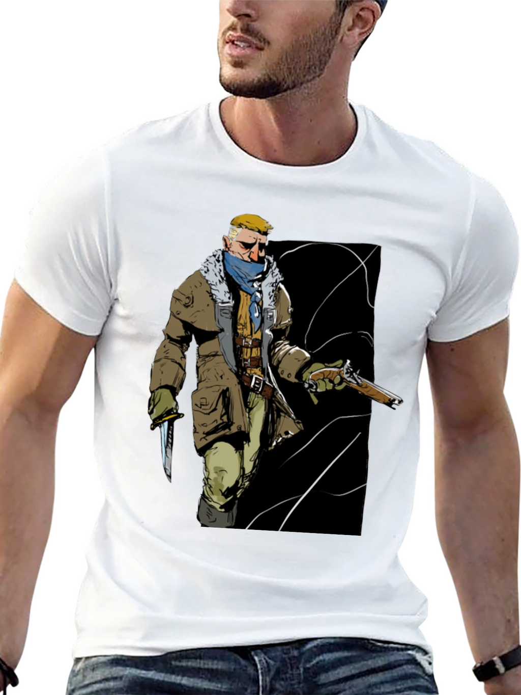 Graphic Tee: Adventurer with Gun & Knife Black T-Shirt