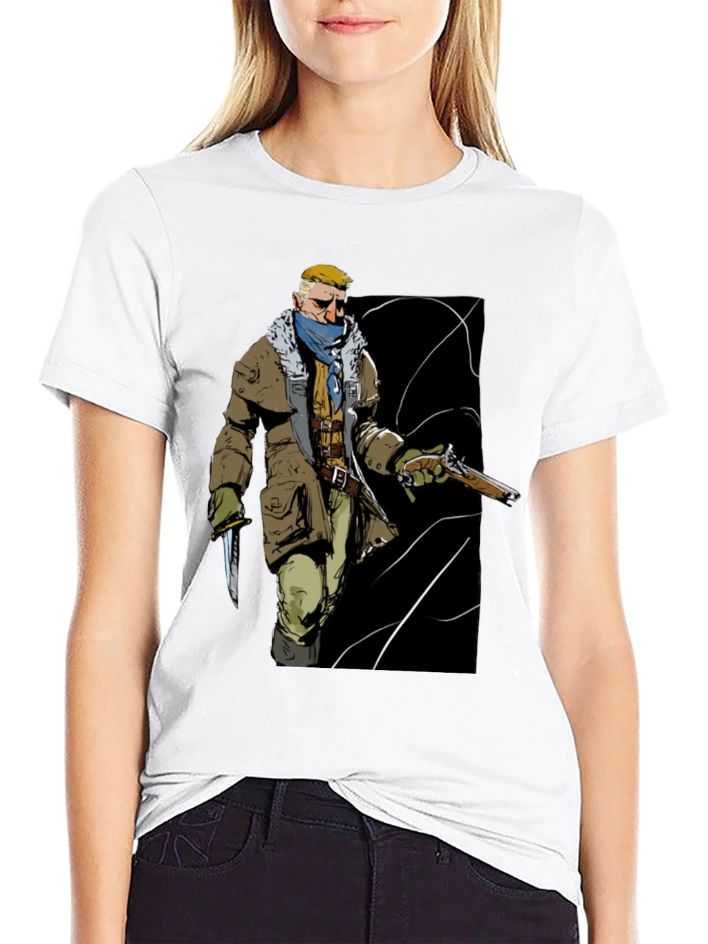 Graphic Tee: Adventurer with Gun & Knife Black T-Shirt