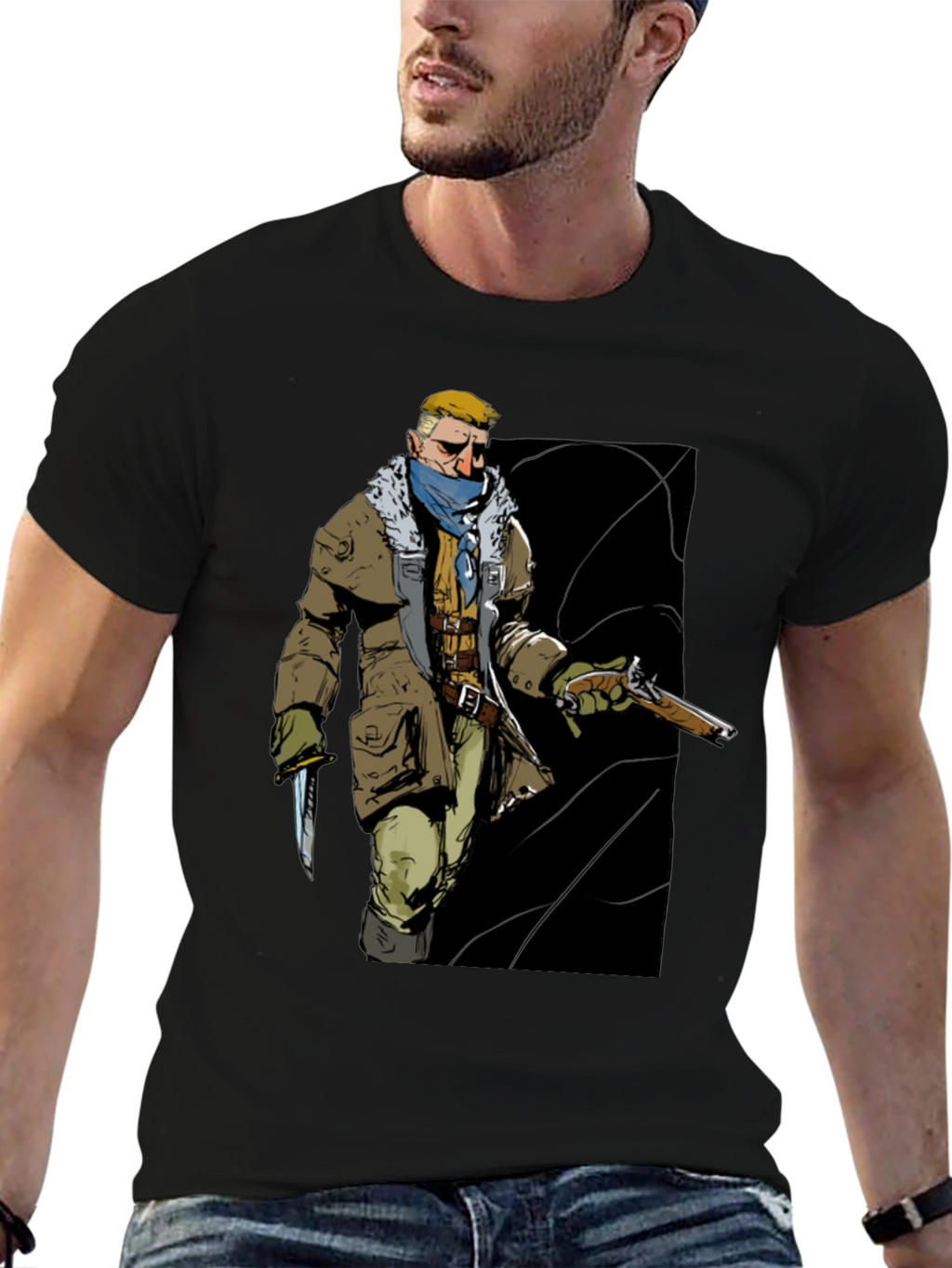 Graphic Tee: Adventurer with Gun & Knife Black T-Shirt