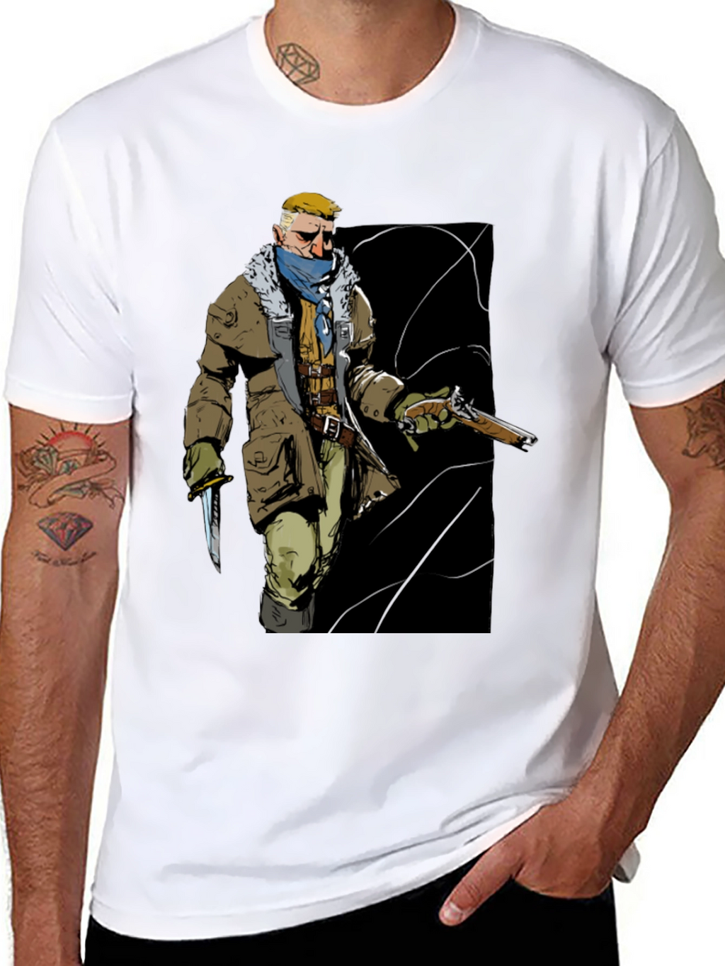 Graphic Tee: Adventurer with Gun & Knife Black T-Shirt