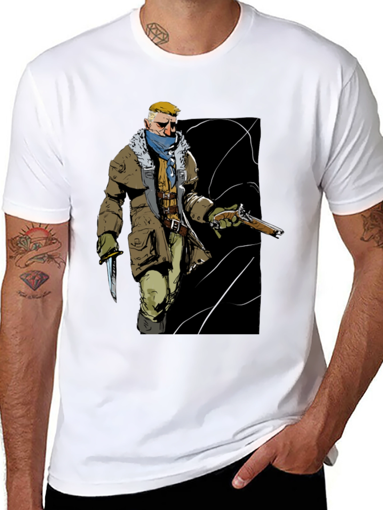 Graphic Tee: Adventurer with Gun & Knife Black T-Shirt