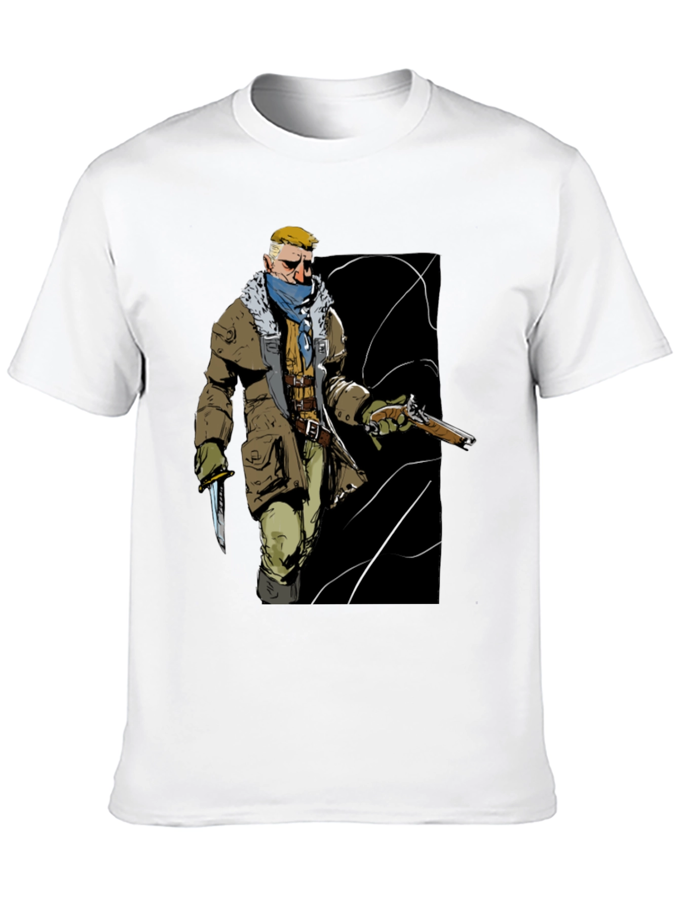 Graphic Tee: Adventurer with Gun & Knife Black T-Shirt