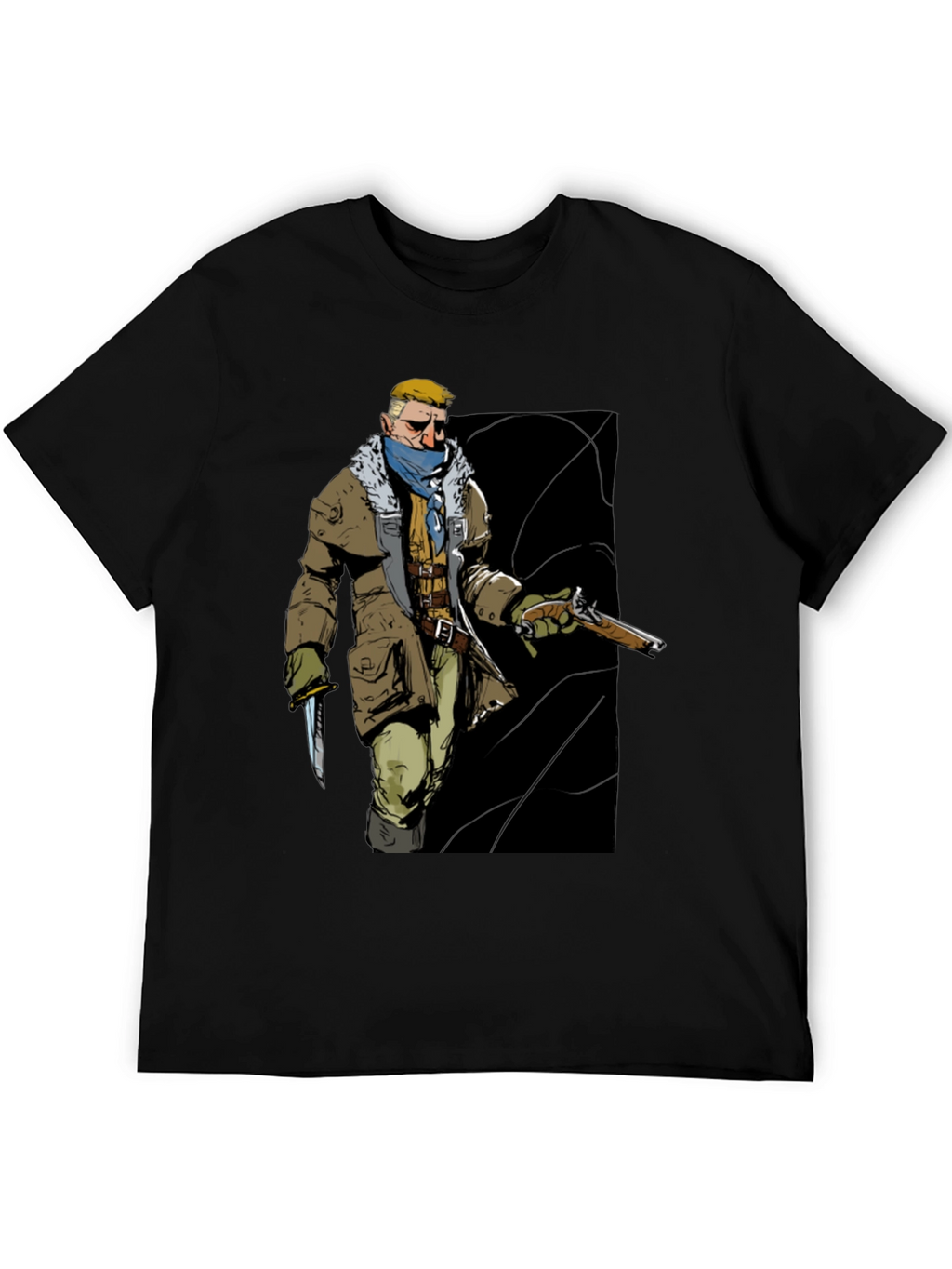 Graphic Tee: Adventurer with Gun & Knife Black T-Shirt