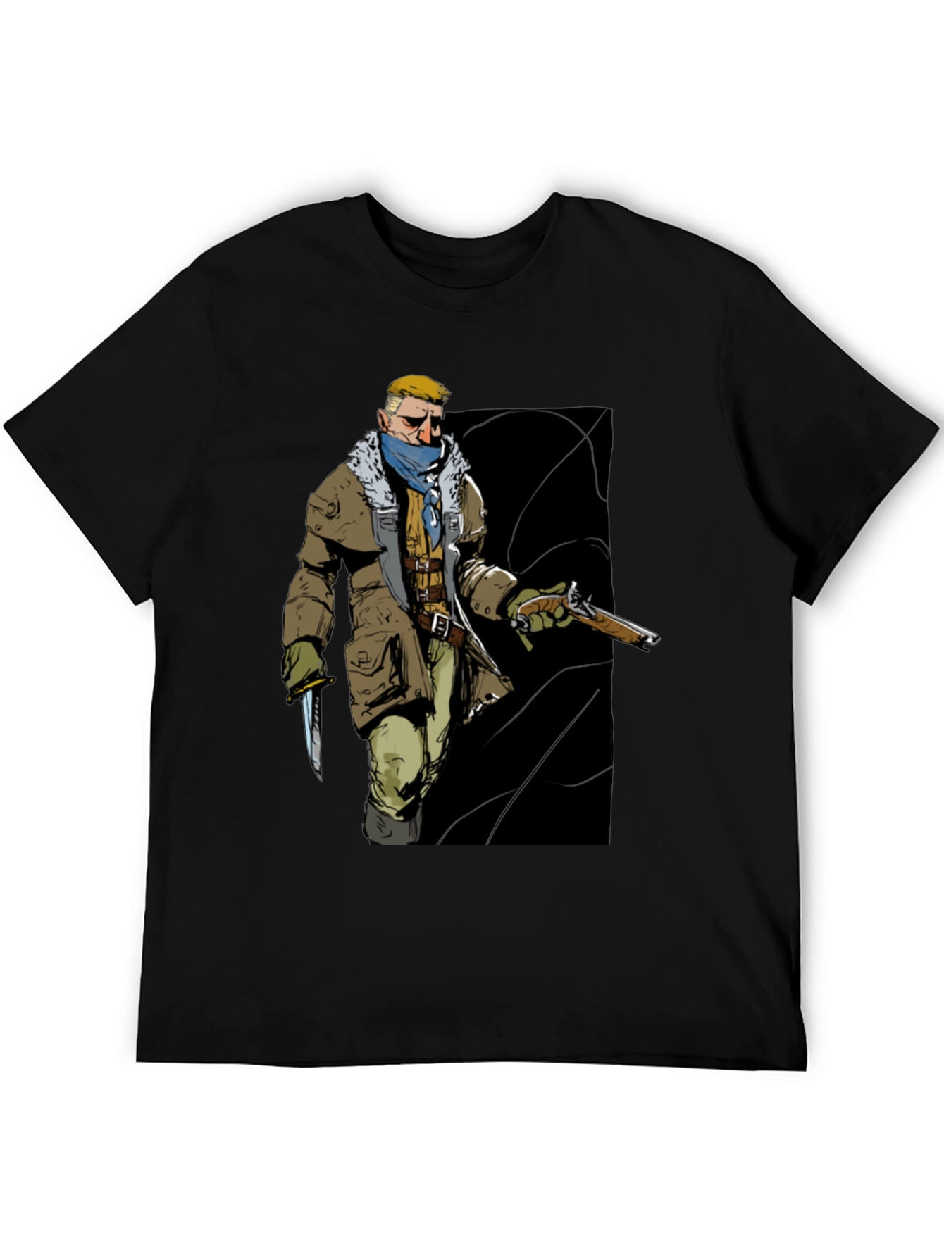 Graphic Tee: Adventurer with Gun & Knife Black T-Shirt