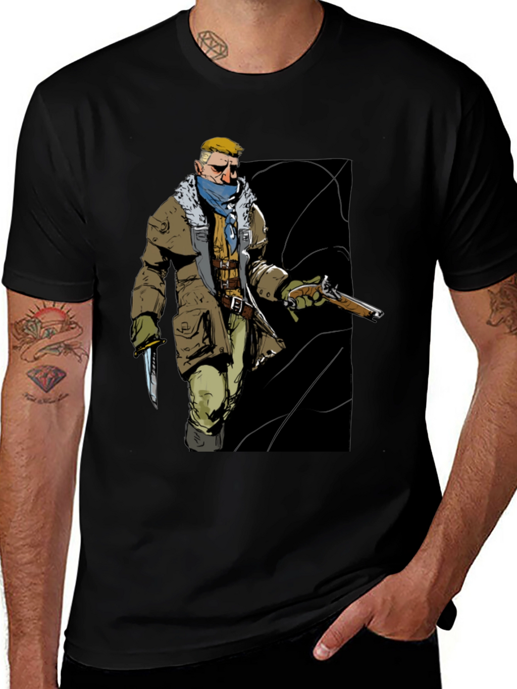 Graphic Tee: Adventurer with Gun & Knife Black T-Shirt