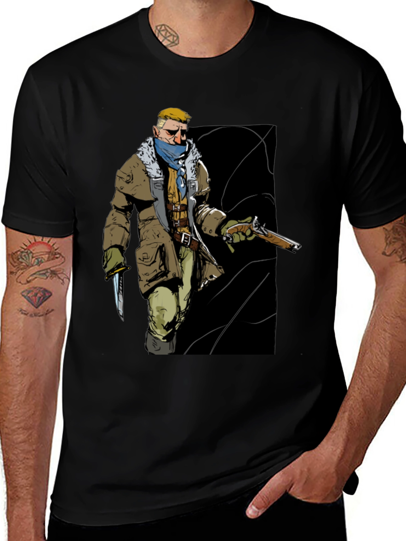 Graphic Tee: Adventurer with Gun & Knife Black T-Shirt