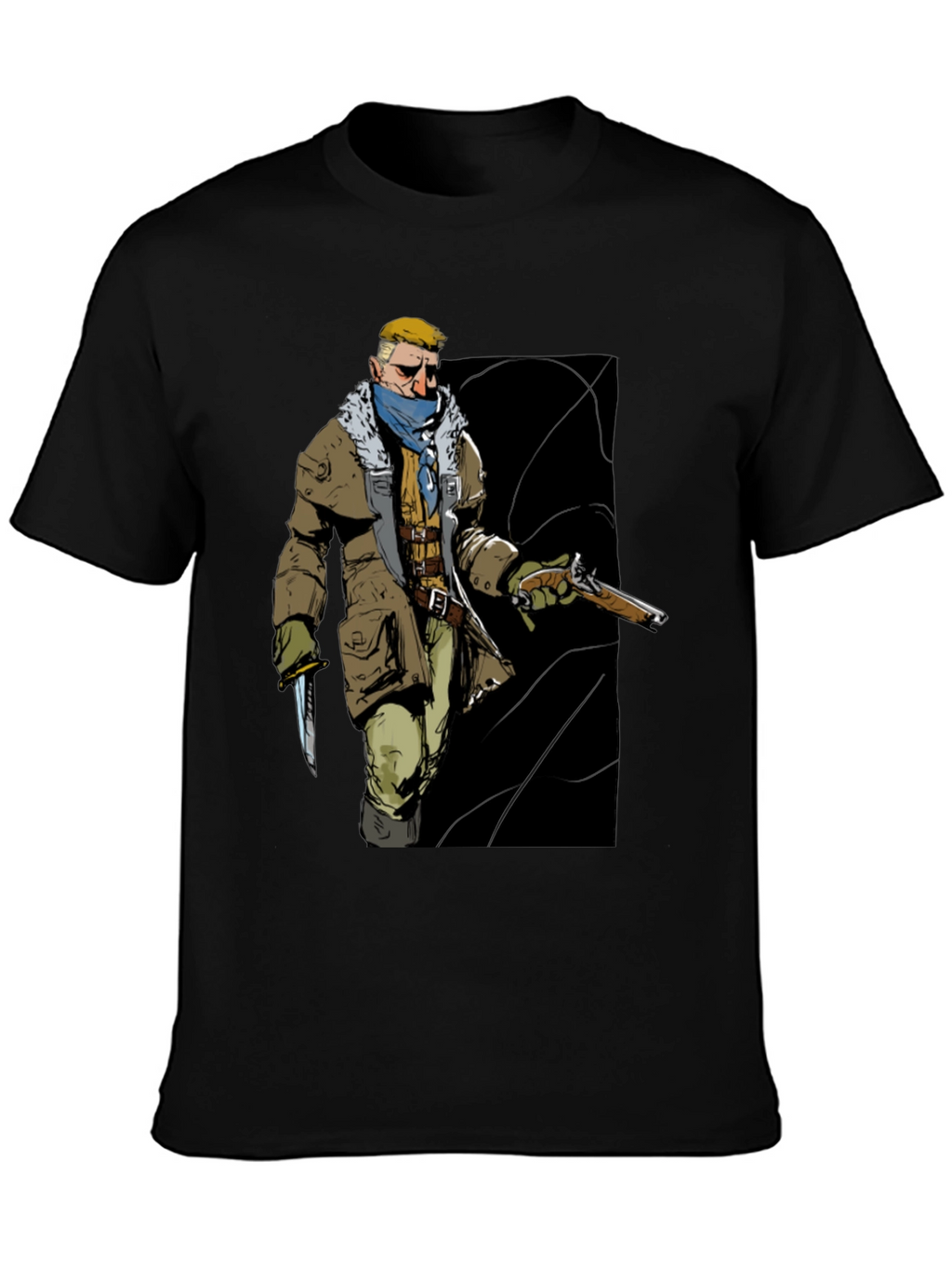 Graphic Tee: Adventurer with Gun & Knife Black T-Shirt