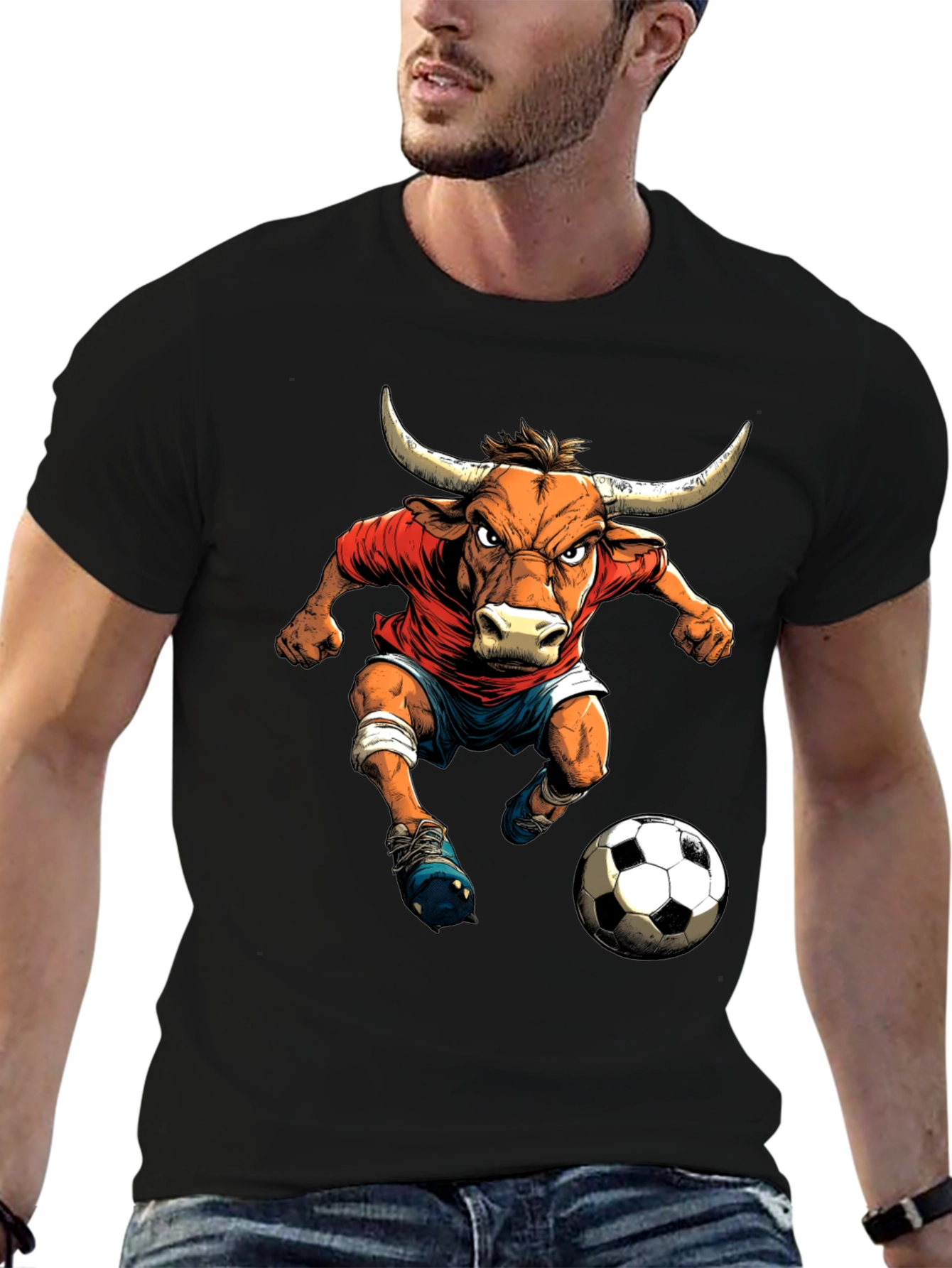 Bull Soccer Player Graphic T-Shirt