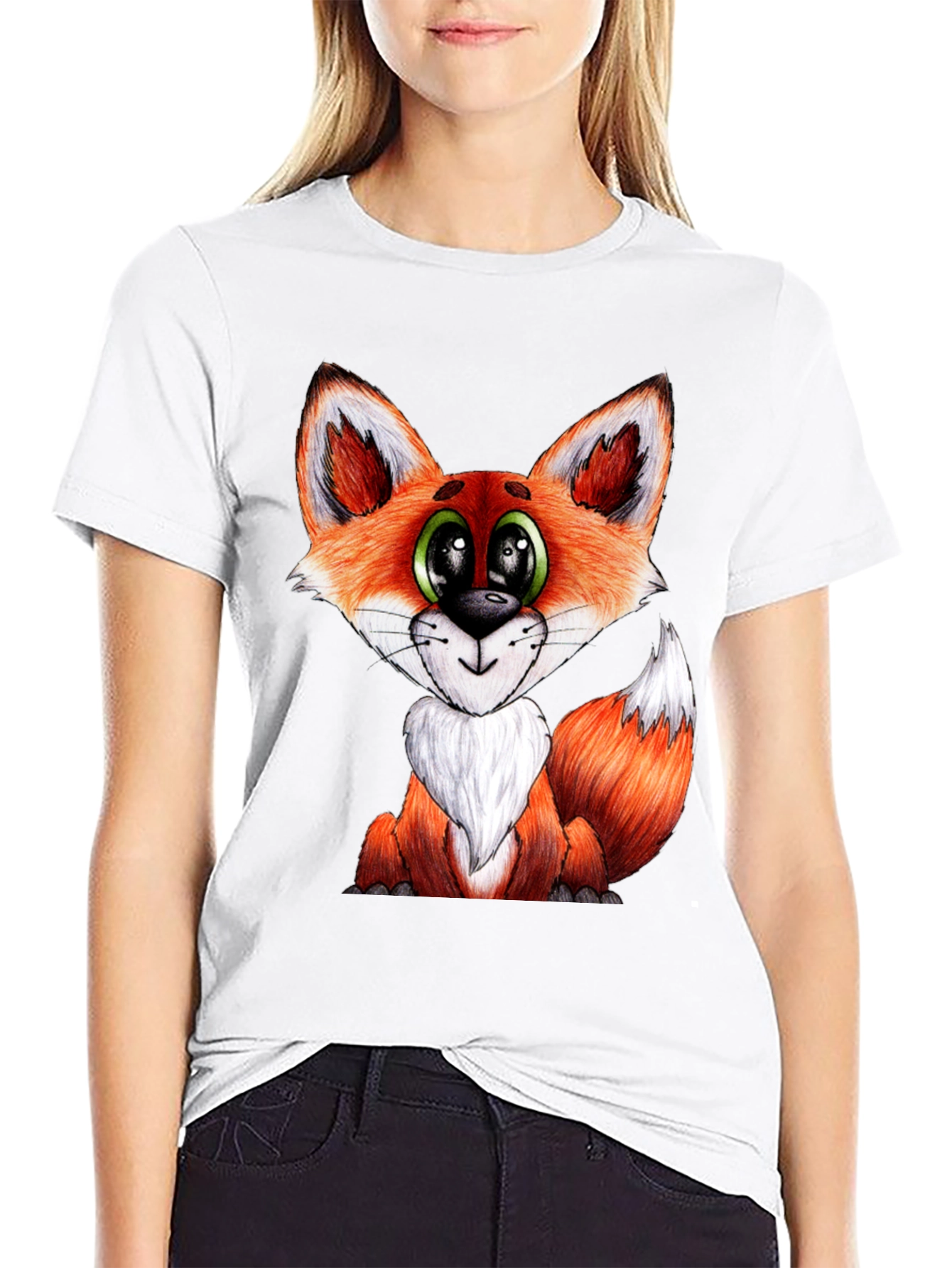 Cute Cartoon Fox Graphic Black T-Shirt