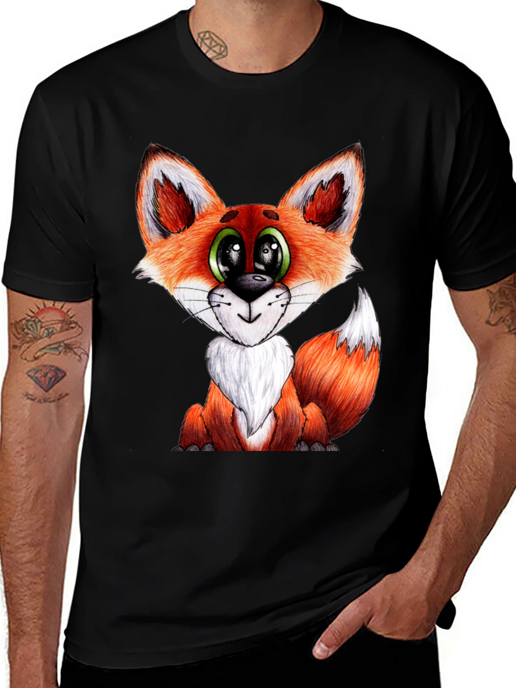Cute Cartoon Fox Graphic Black T-Shirt