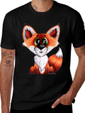 Cute Cartoon Fox Graphic Black T-Shirt