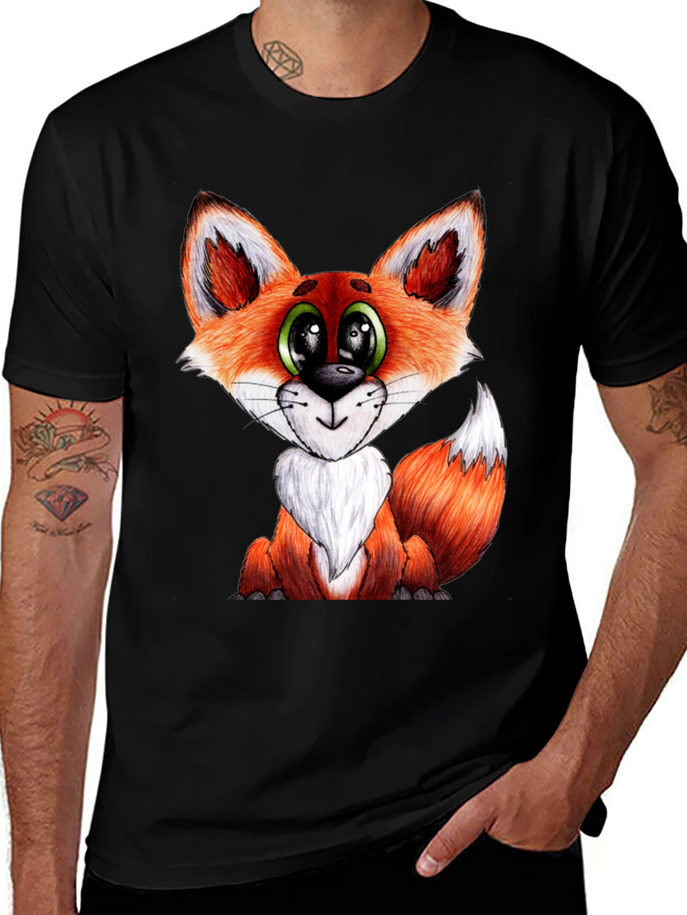 Cute Cartoon Fox Graphic Black T-Shirt