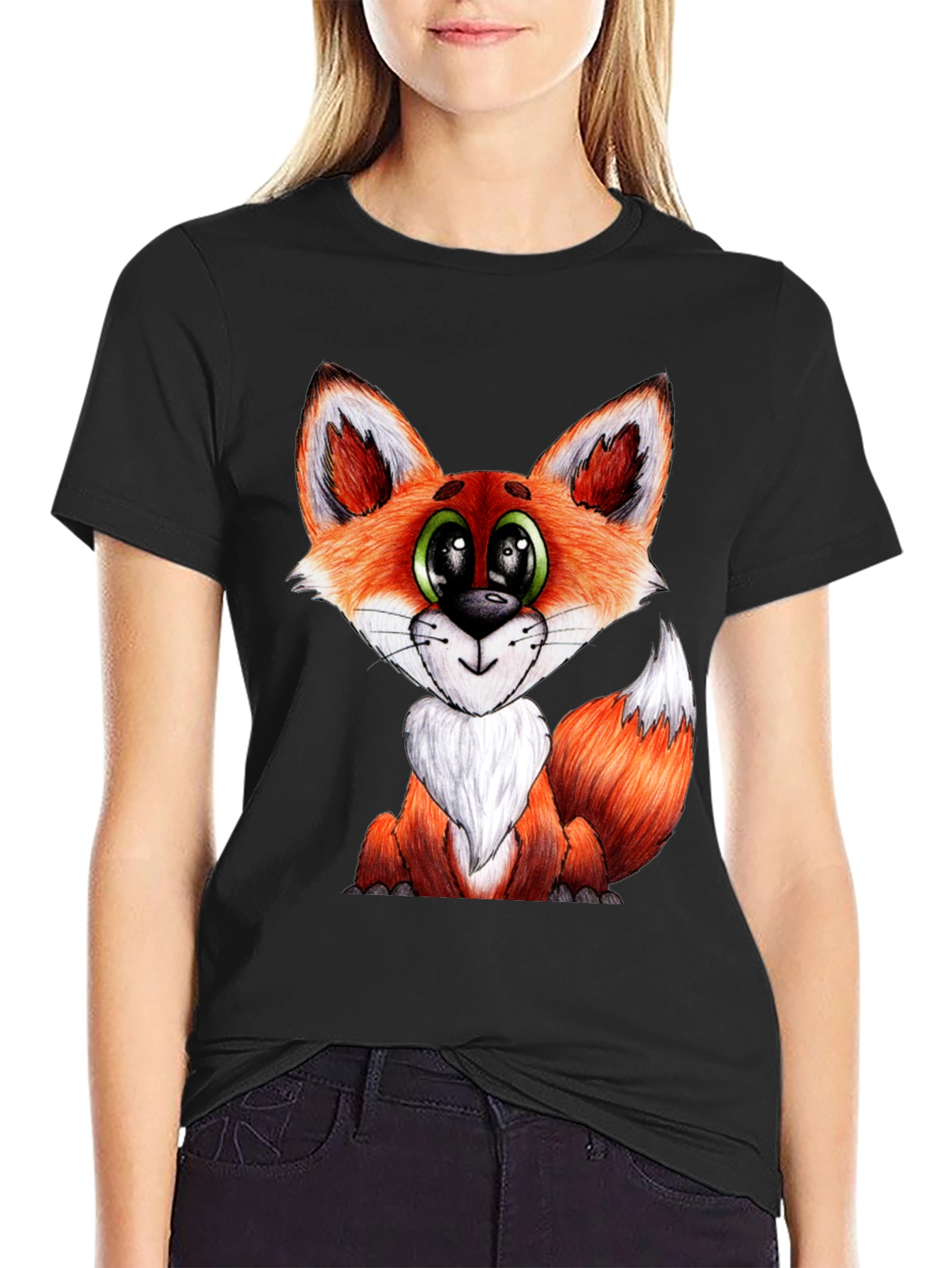 Cute Cartoon Fox Graphic Black T-Shirt