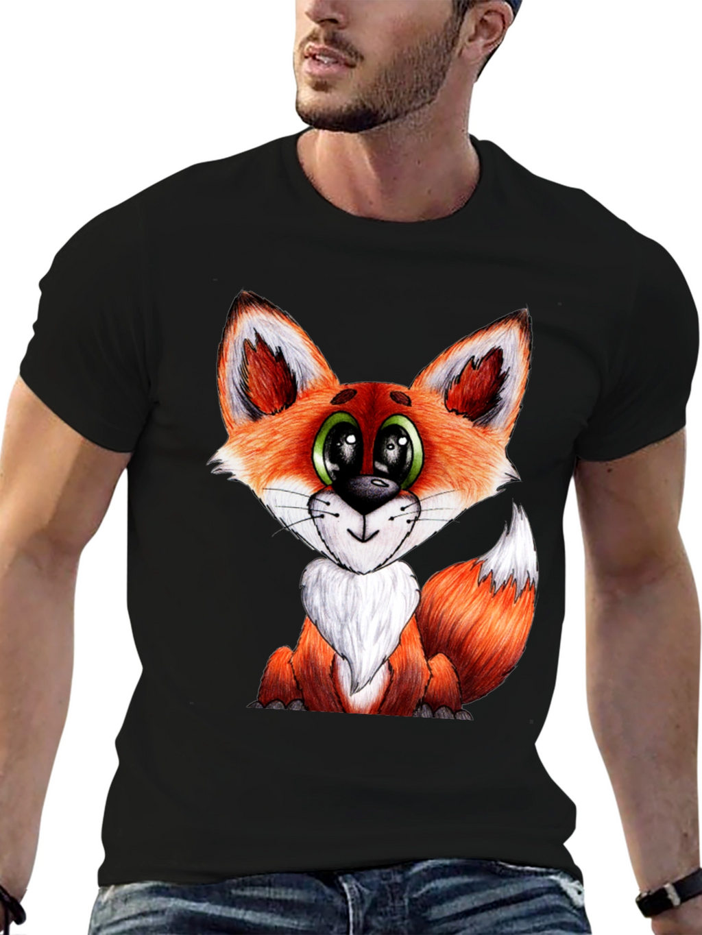 Cute Cartoon Fox Graphic Black T-Shirt