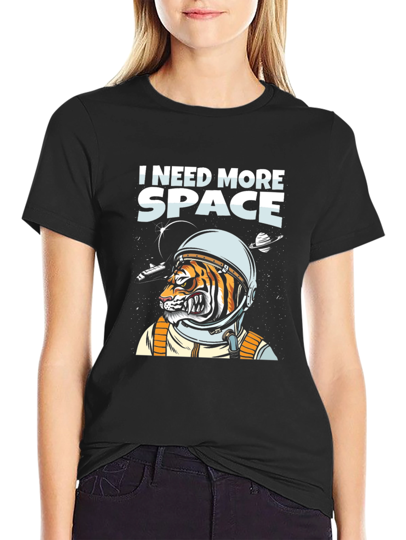 I Need More Space Tiger Astronaut Black T-Shirt