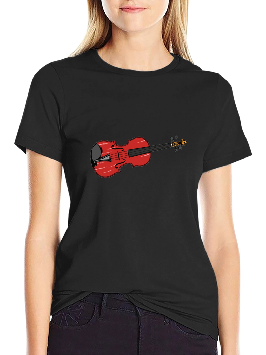 Black T-Shirt with Red Violin Graphic