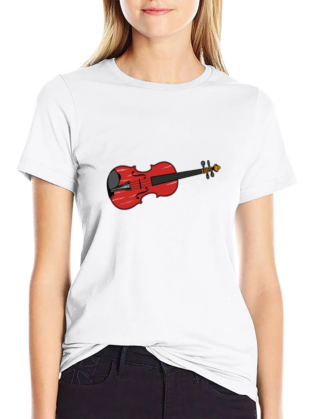 Black T-Shirt with Red Violin Graphic