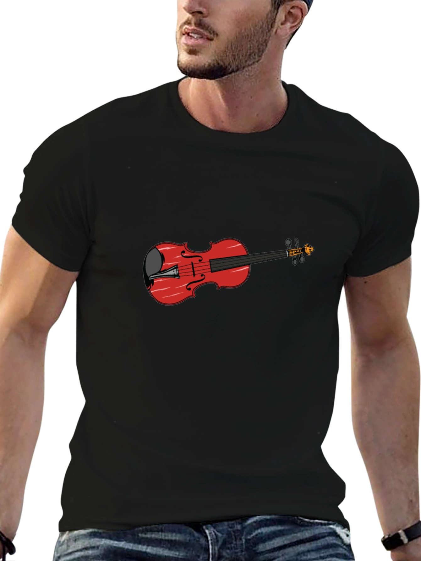 Black T-Shirt with Red Violin Graphic