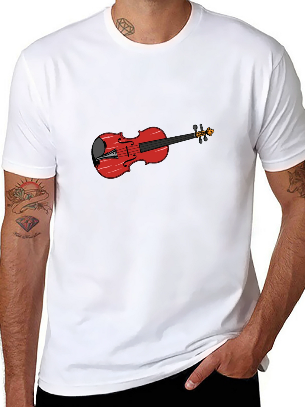Black T-Shirt with Red Violin Graphic