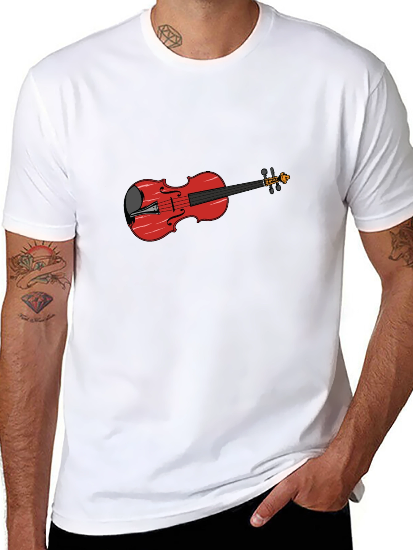 Black T-Shirt with Red Violin Graphic