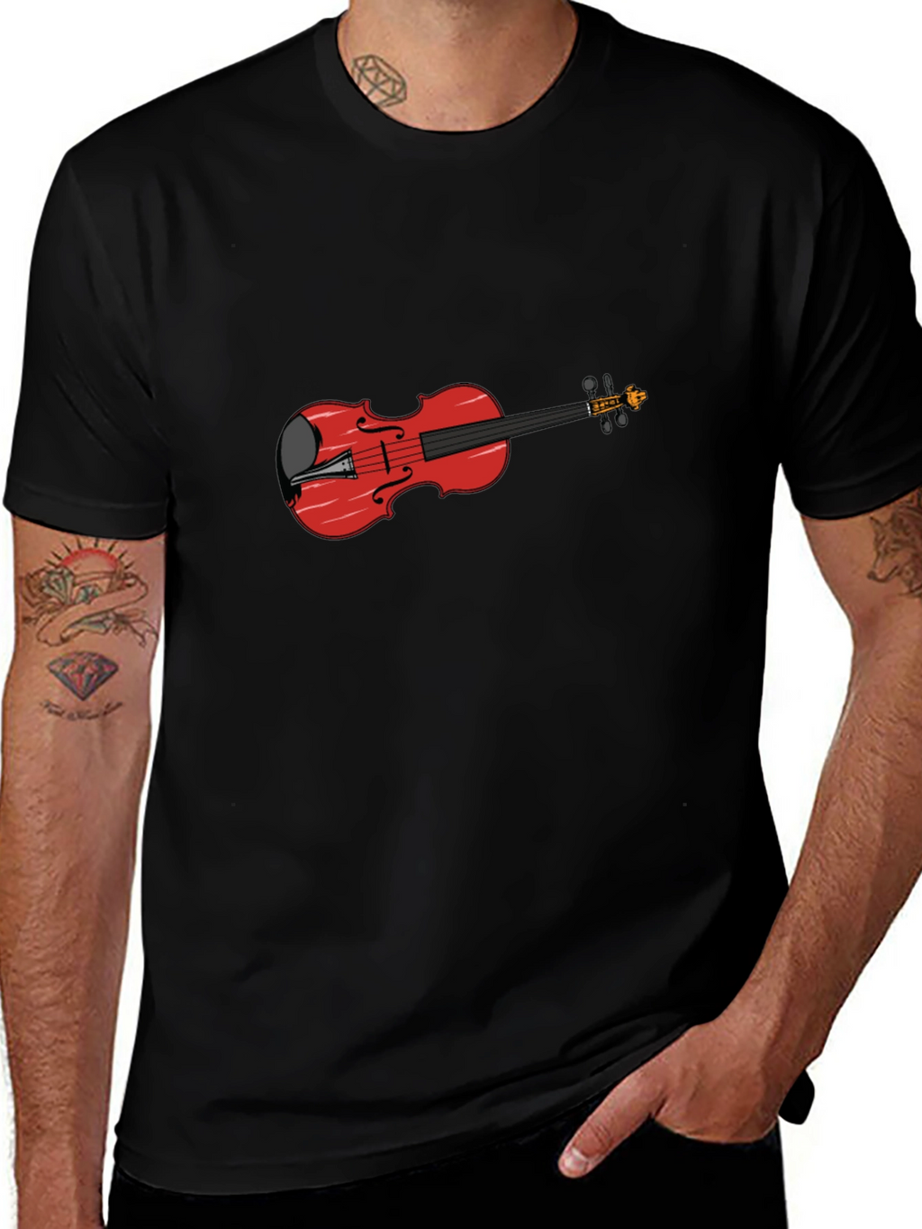 Black T-Shirt with Red Violin Graphic