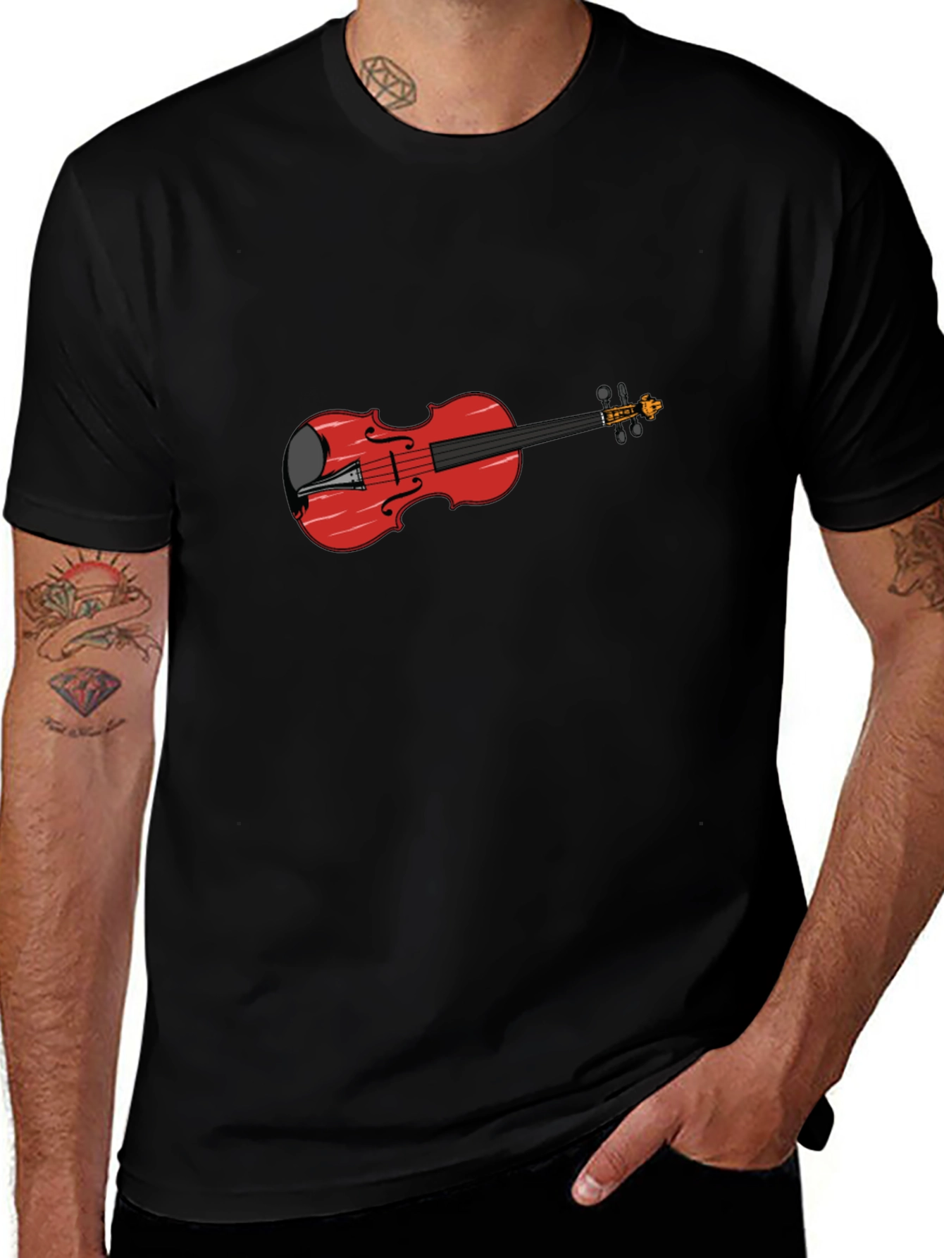 Black T-Shirt with Red Violin Graphic