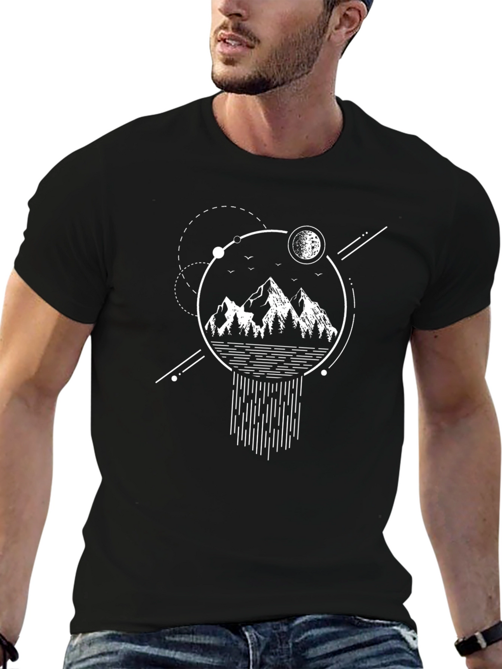 Geometric Mountain Graphic Tee - Black Cotton Blend