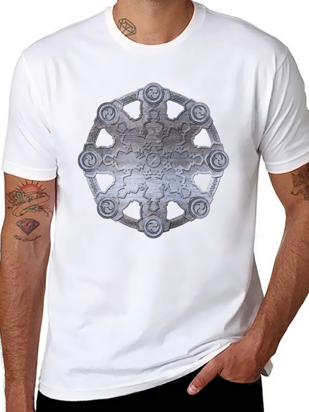 Abstract Metallic Wheel Design Black T-Shirt