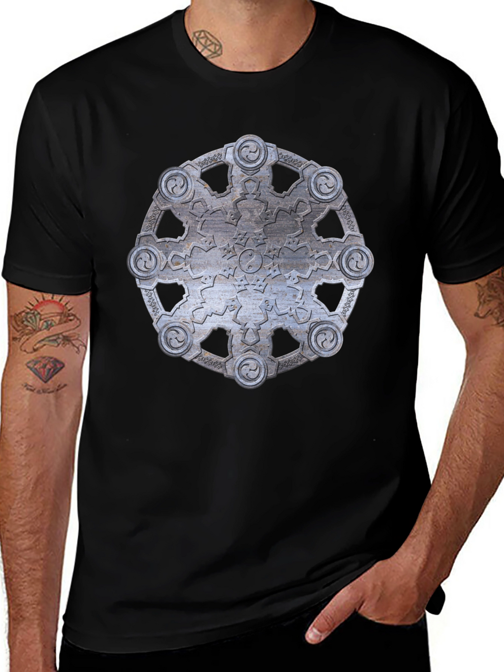 Abstract Metallic Wheel Design Black T-Shirt