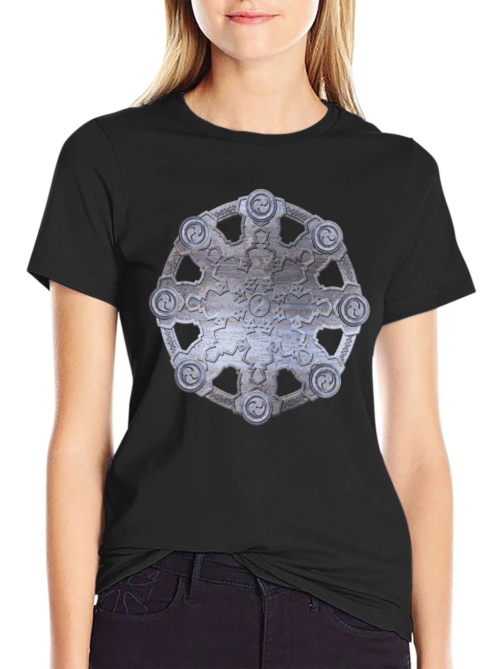 Abstract Metallic Wheel Design Black T-Shirt