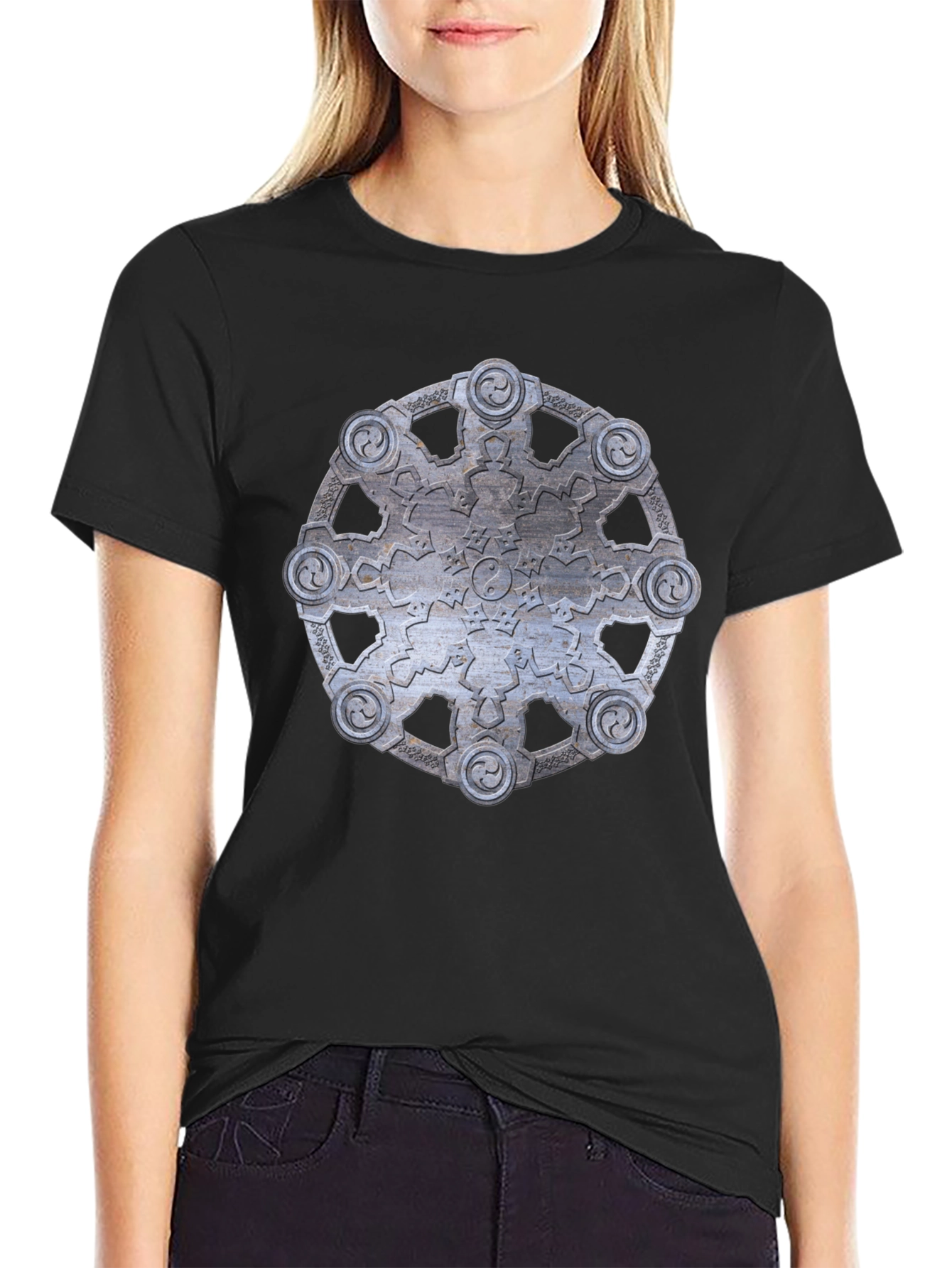 Abstract Metallic Wheel Design Black T-Shirt