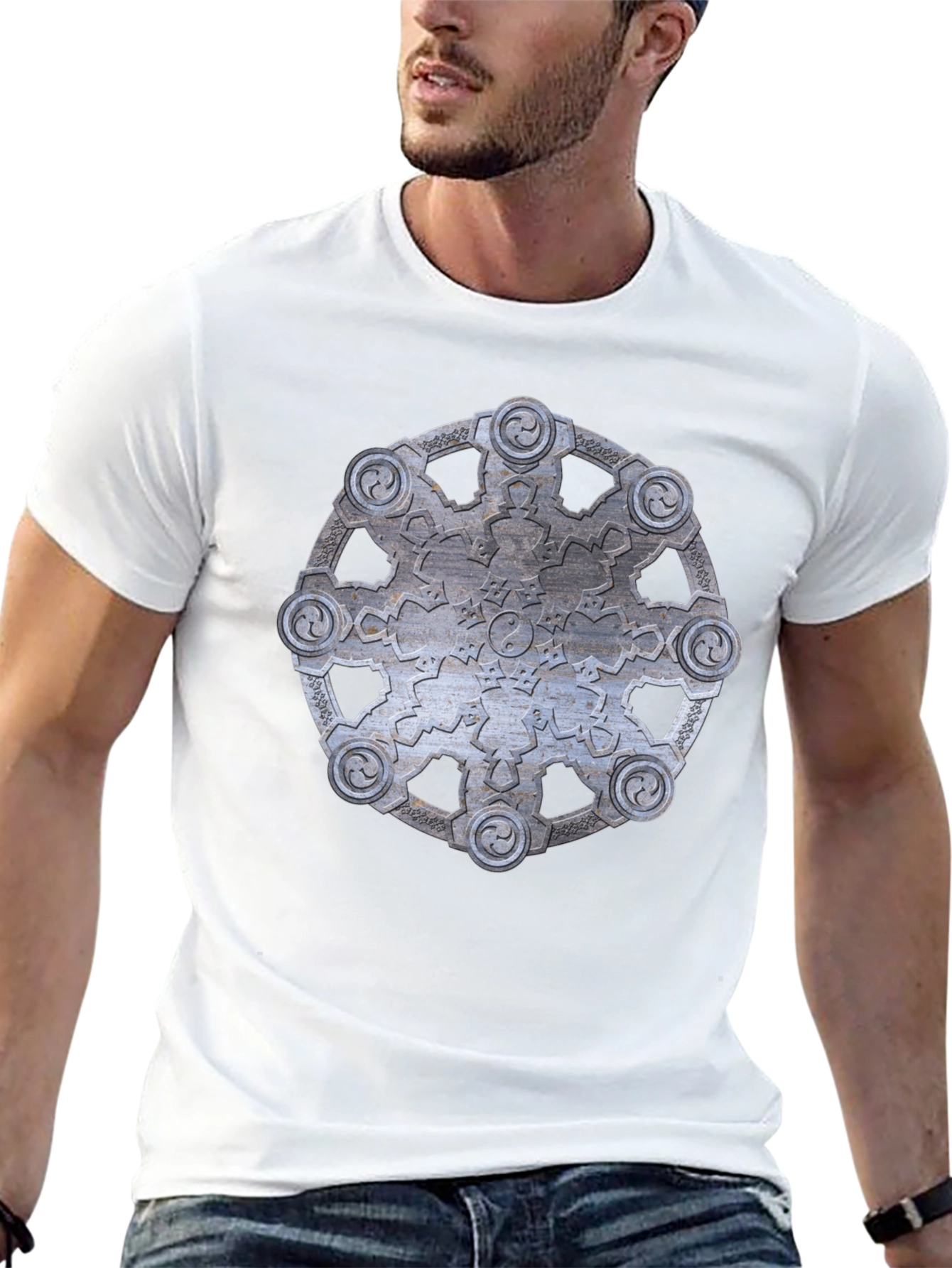 Abstract Metallic Wheel Design Black T-Shirt