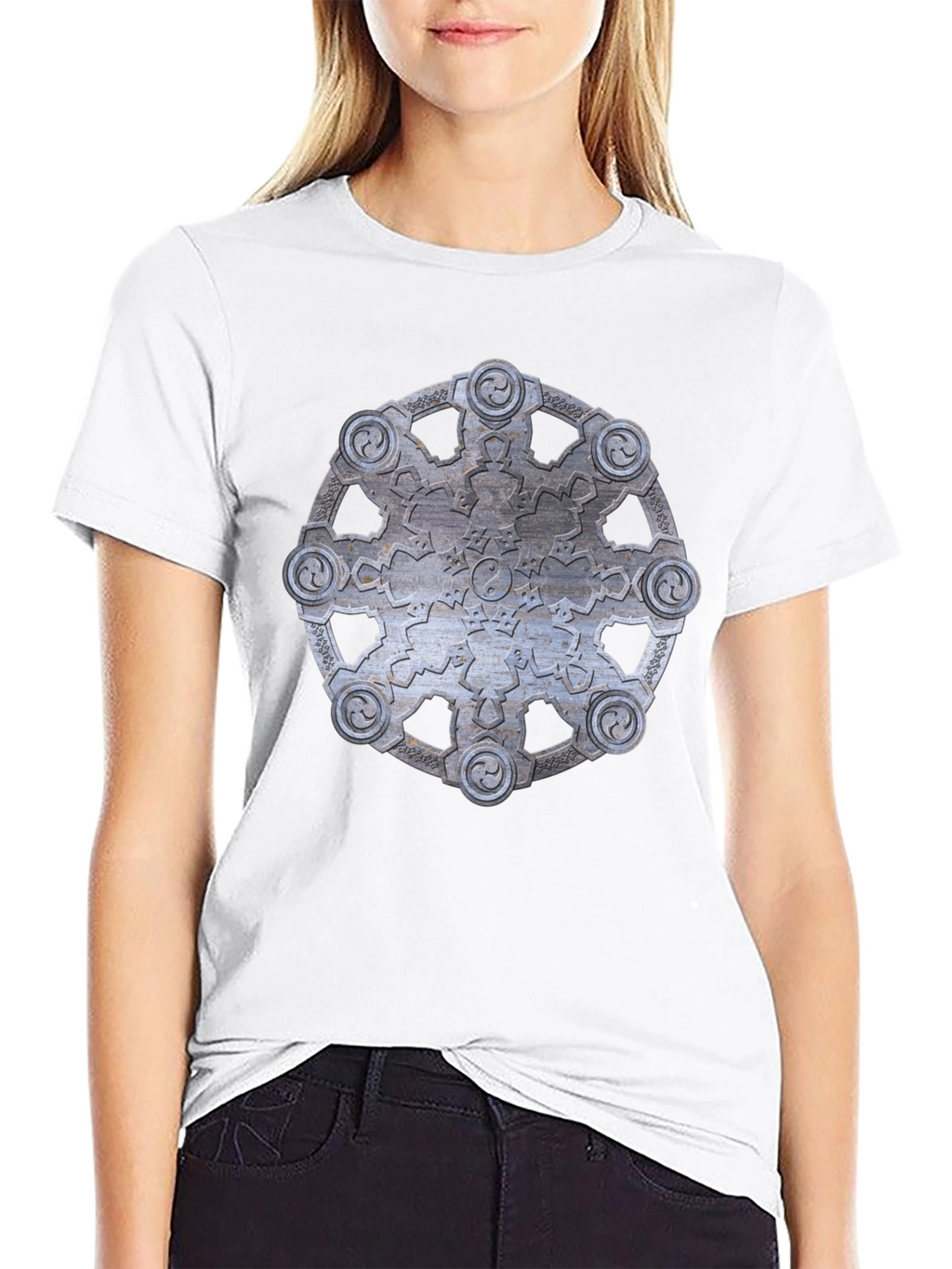 Abstract Metallic Wheel Design Black T-Shirt