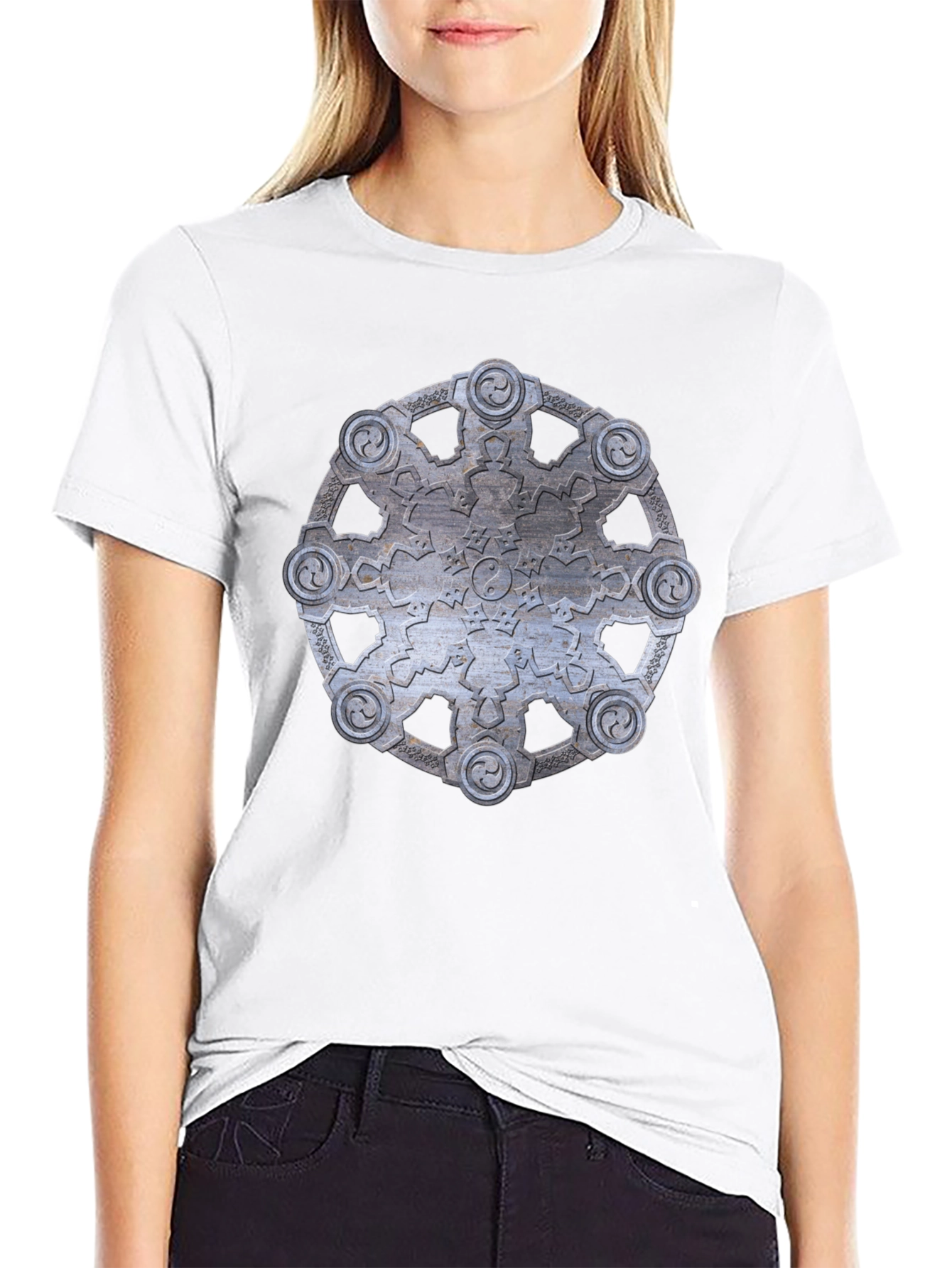 Abstract Metallic Wheel Design Black T-Shirt