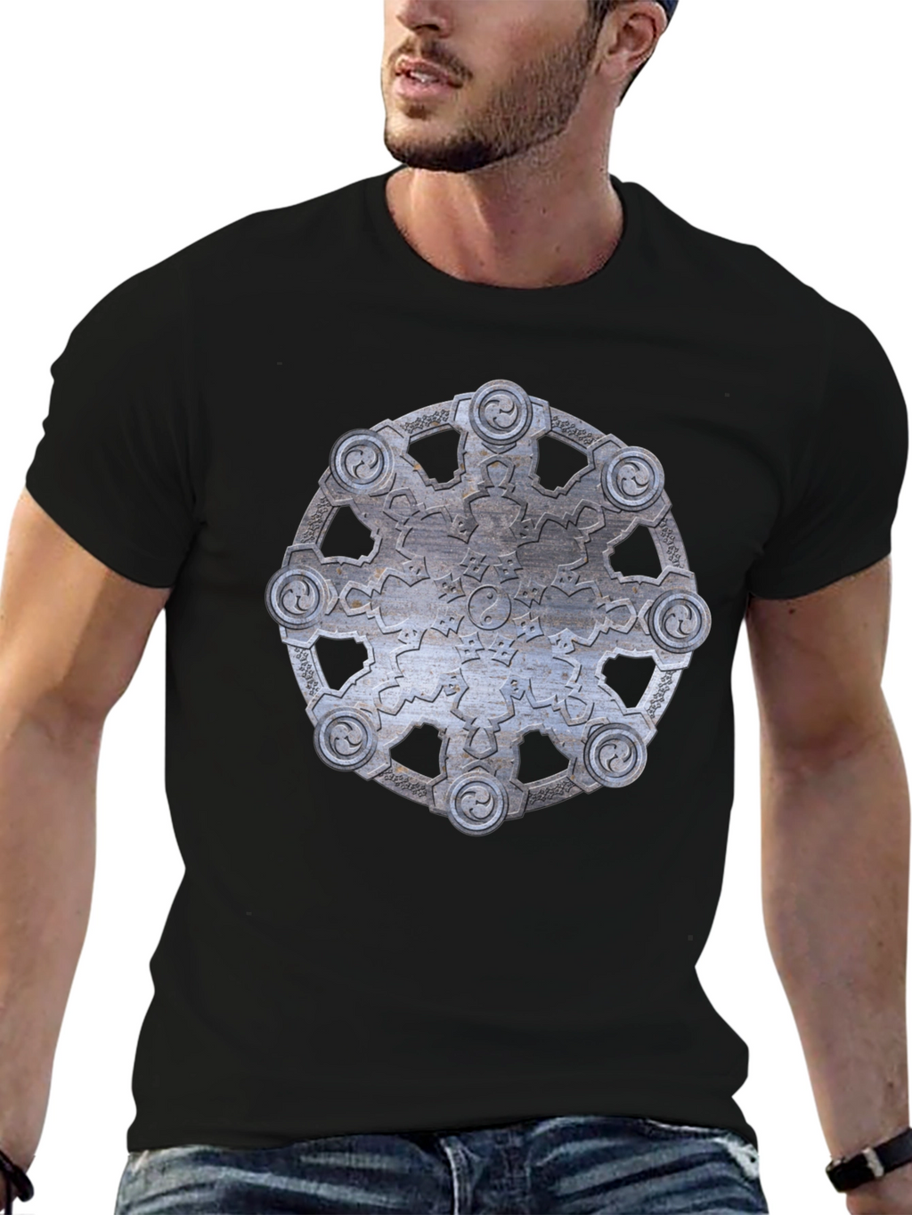 Abstract Metallic Wheel Design Black T-Shirt