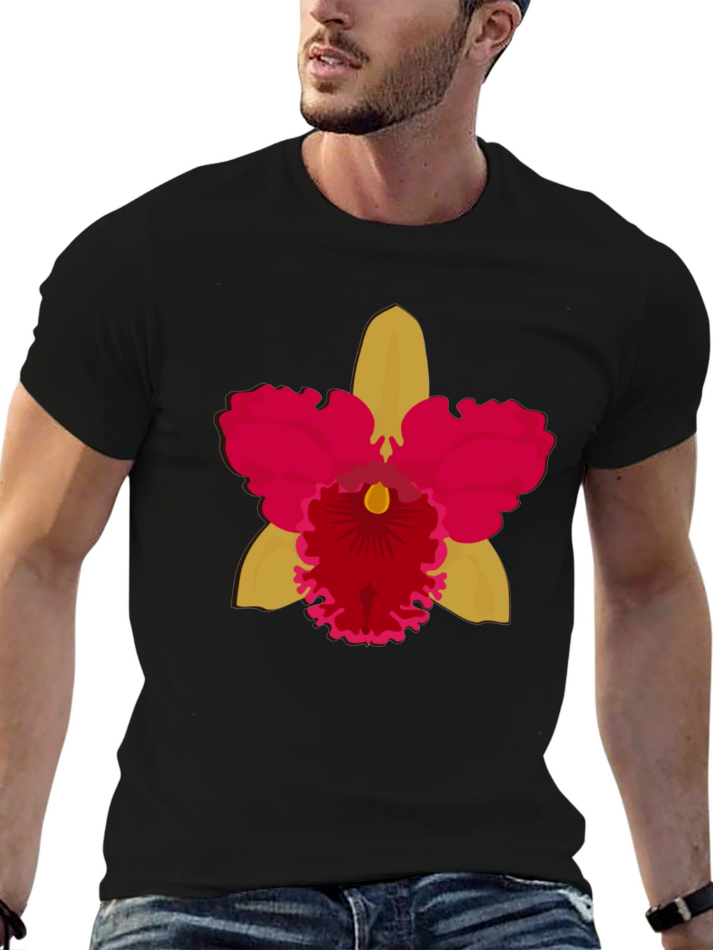 Black T-shirt with Bold Orchid Flower Design
