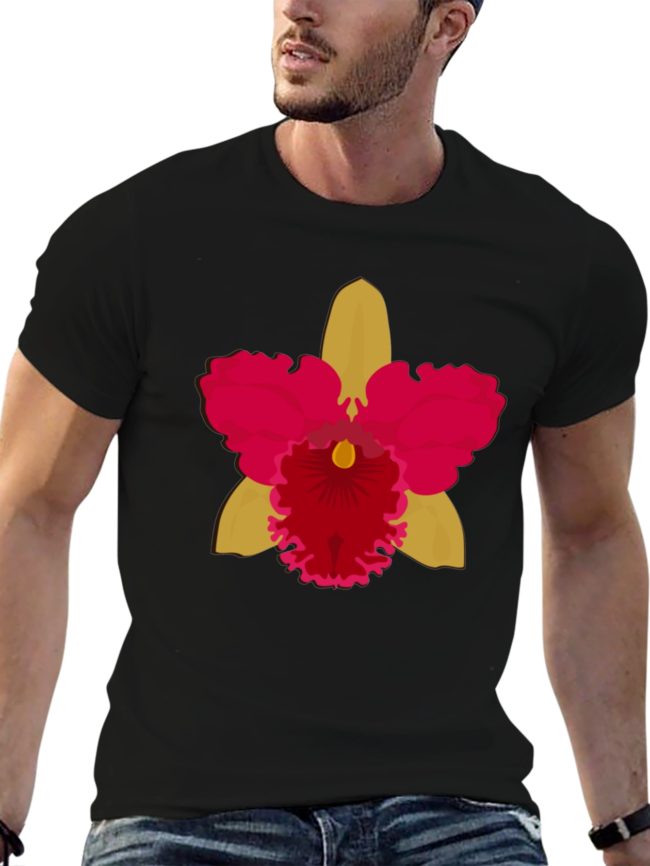 Black T-shirt with Bold Orchid Flower Design