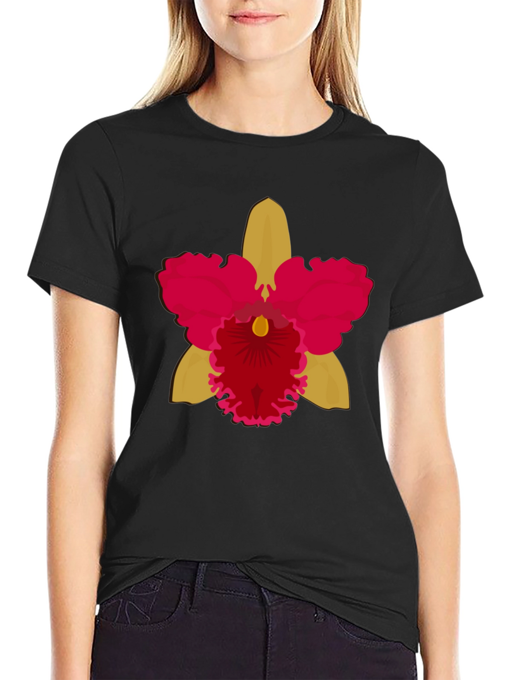 Black T-shirt with Bold Orchid Flower Design