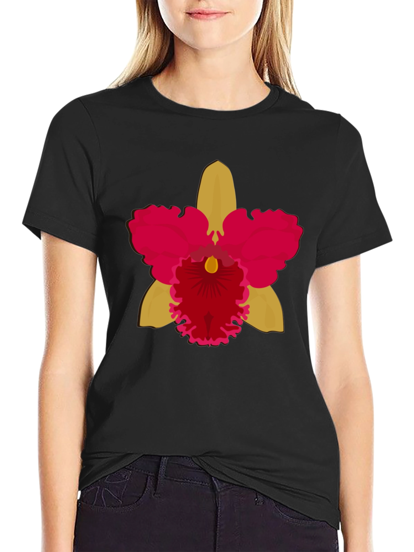 Black T-shirt with Bold Orchid Flower Design