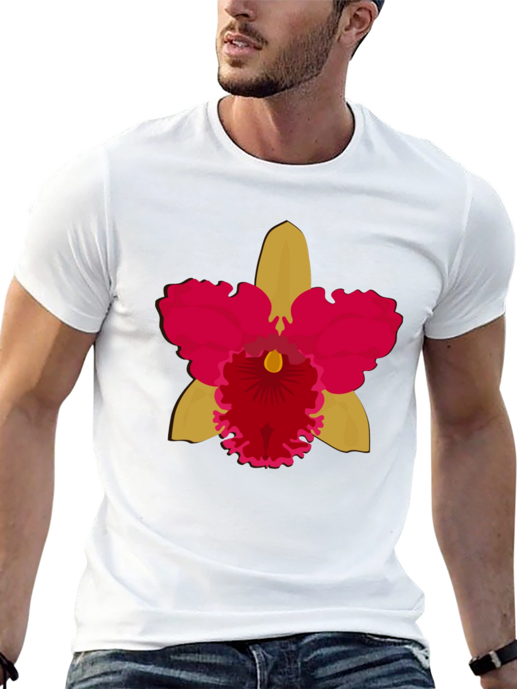 Black T-shirt with Bold Orchid Flower Design