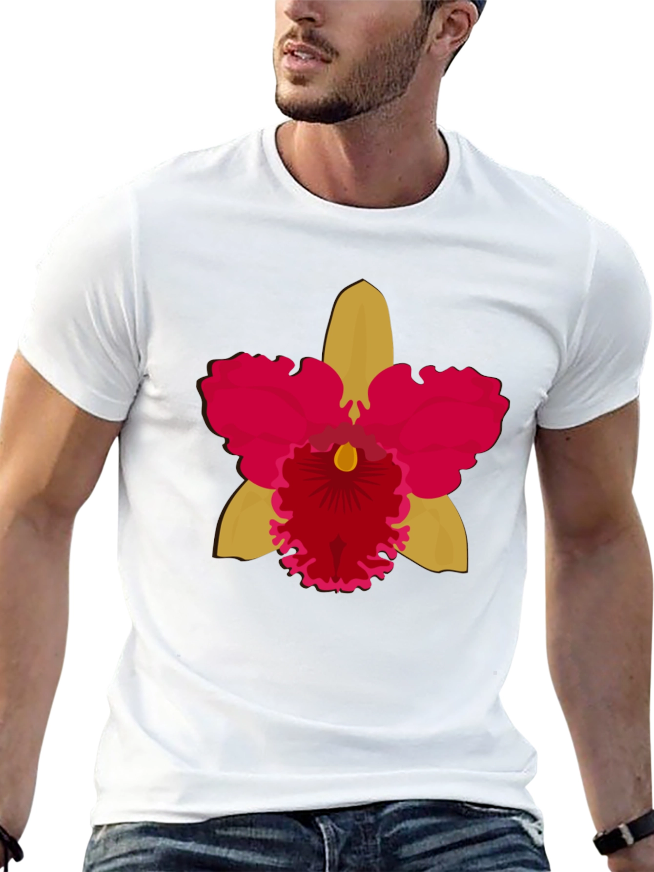 Black T-shirt with Bold Orchid Flower Design