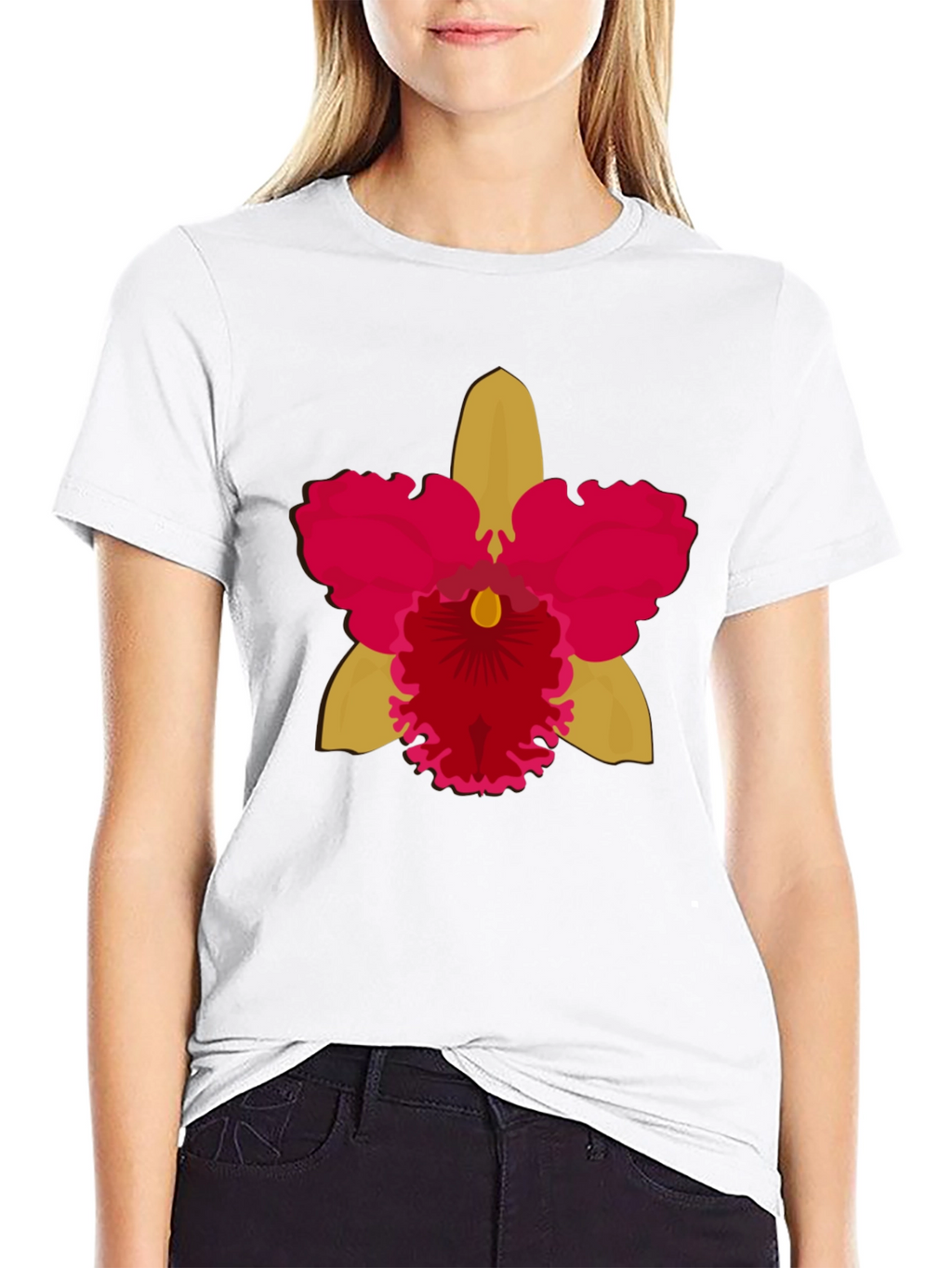 Black T-shirt with Bold Orchid Flower Design