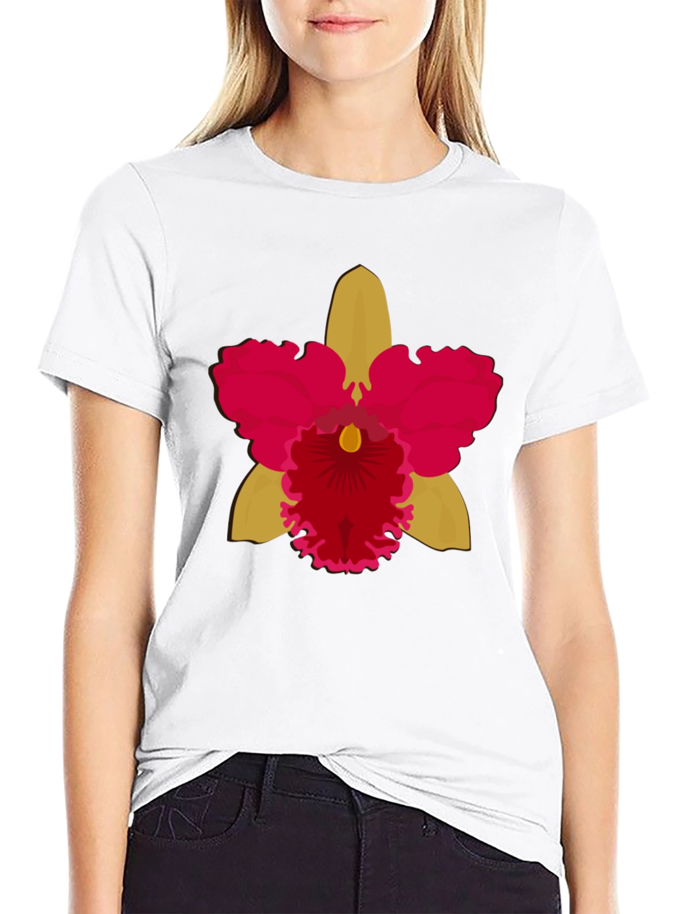 Black T-shirt with Bold Orchid Flower Design