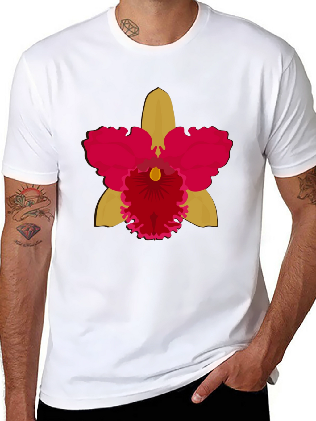 Black T-shirt with Bold Orchid Flower Design