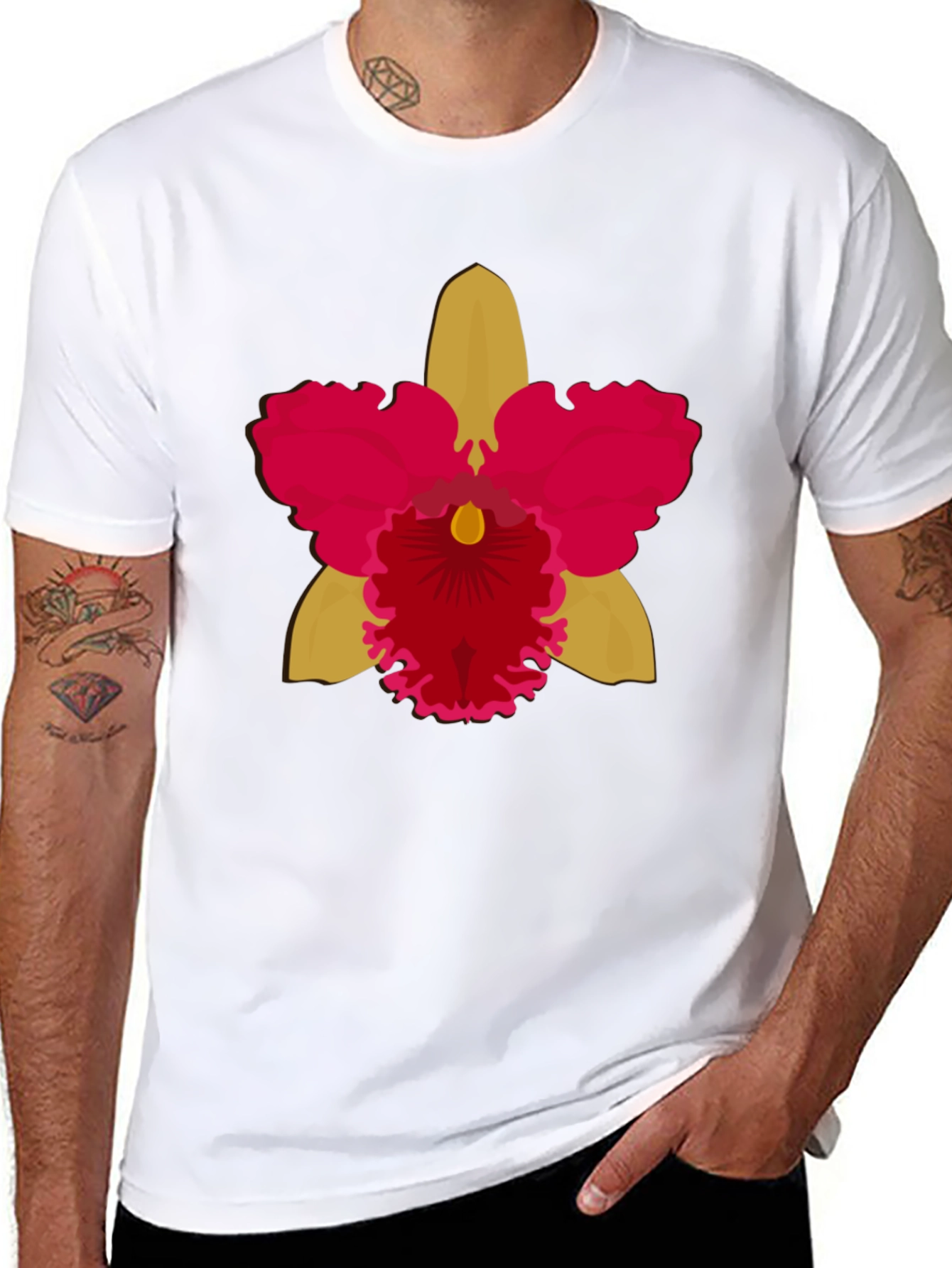 Black T-shirt with Bold Orchid Flower Design