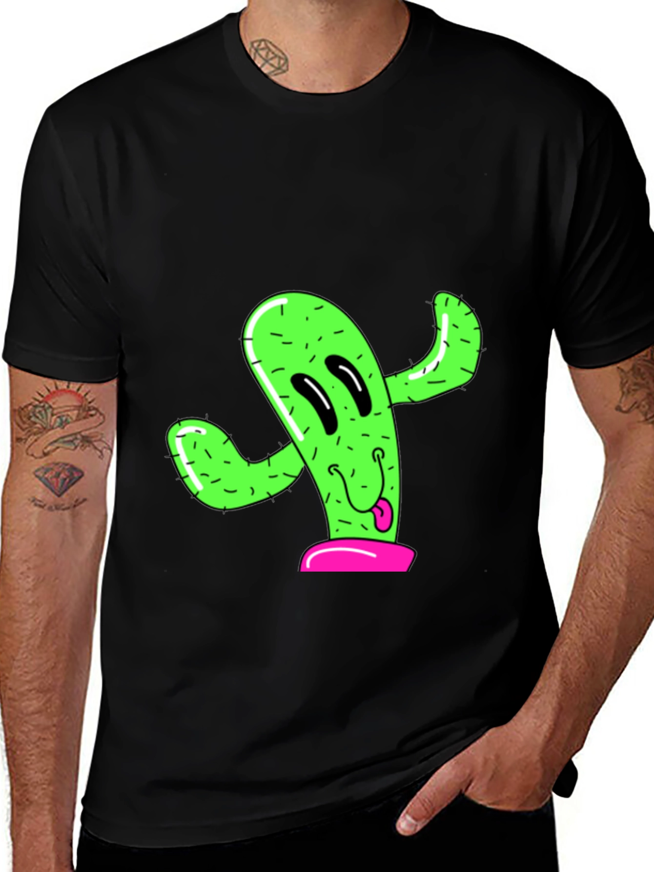 Fun Cactus Graphic Tee - Black Cotton T-Shirt