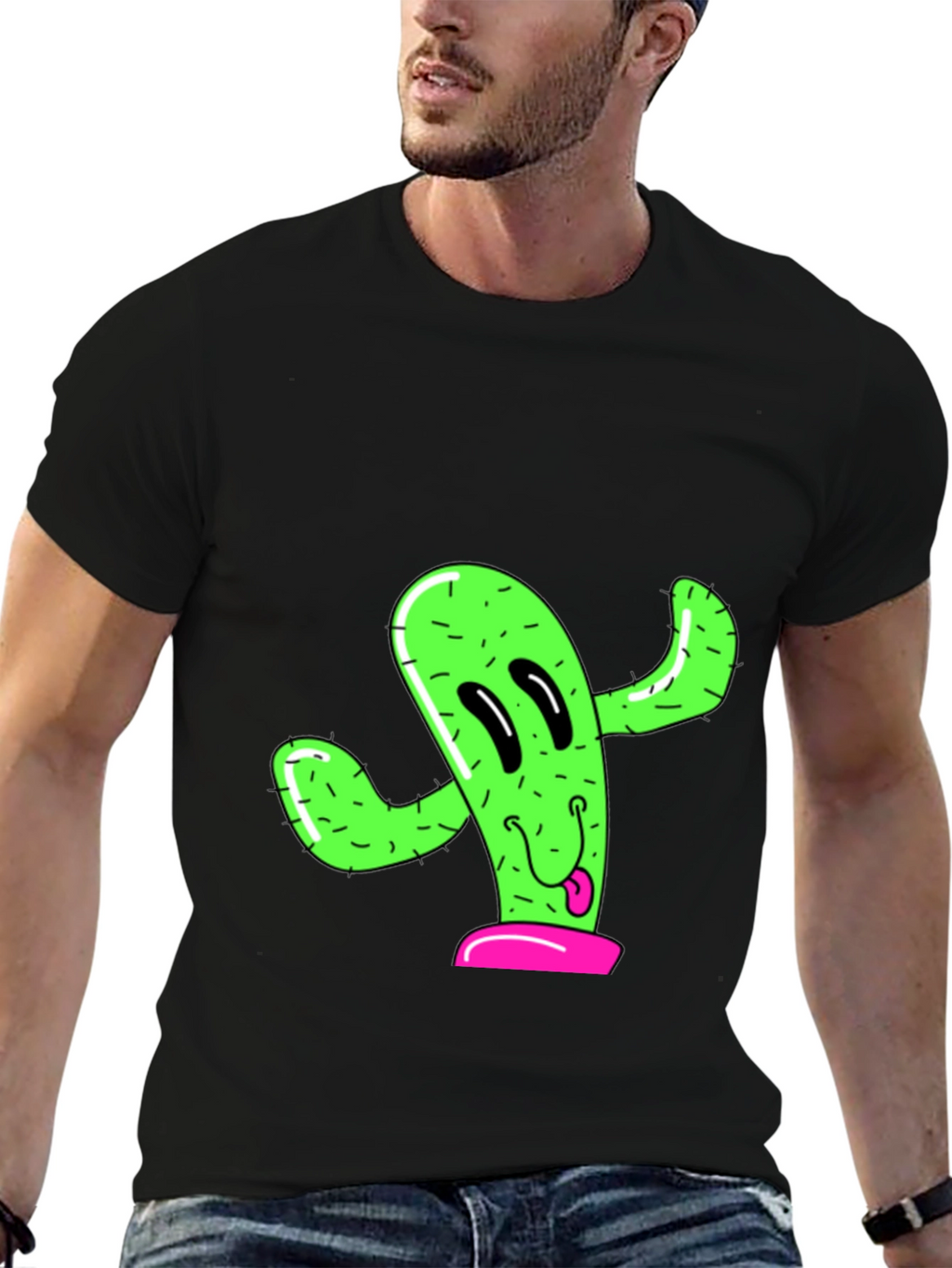 Fun Cactus Graphic Tee - Black Cotton T-Shirt
