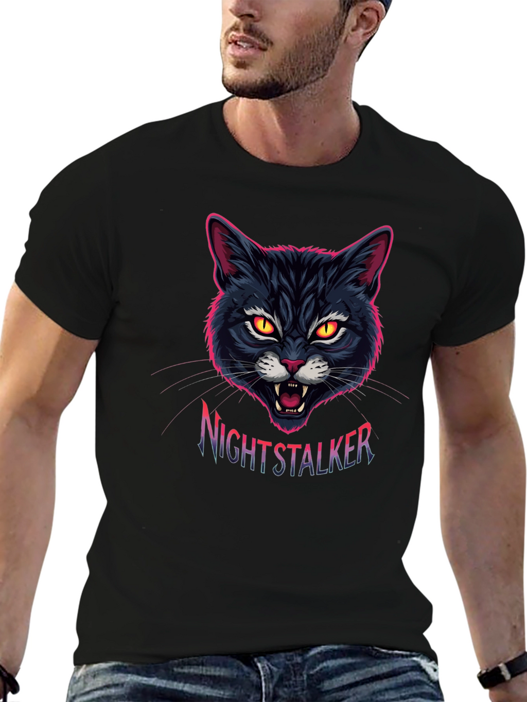 Nightstalker Cat Graphic T-Shirt - Mens Black Tee
