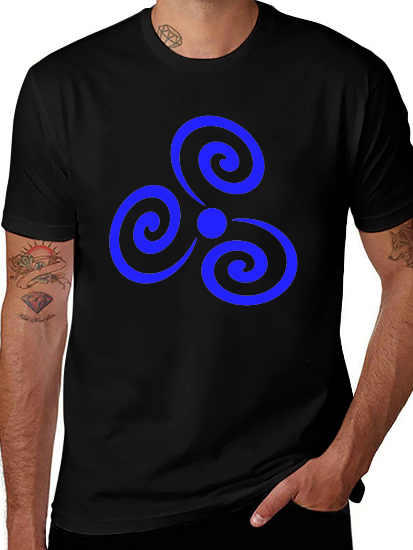 Black T-Shirt with Blue Triple Spiral Design